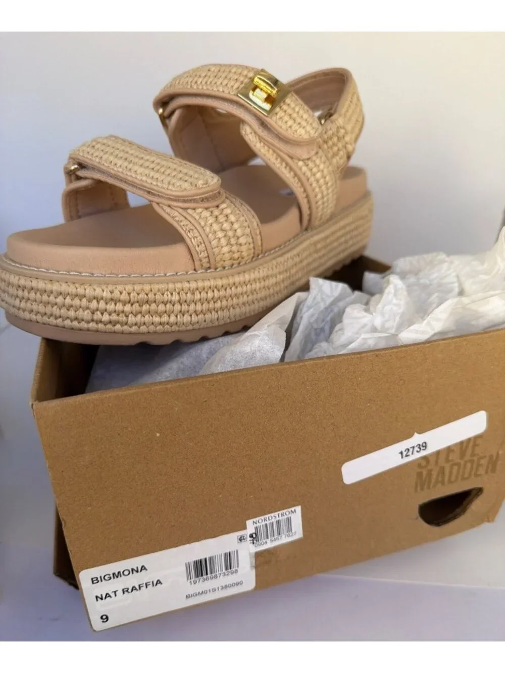 Steve Madden Bigmona Platform Sandals Natural Raffia Women Size 9